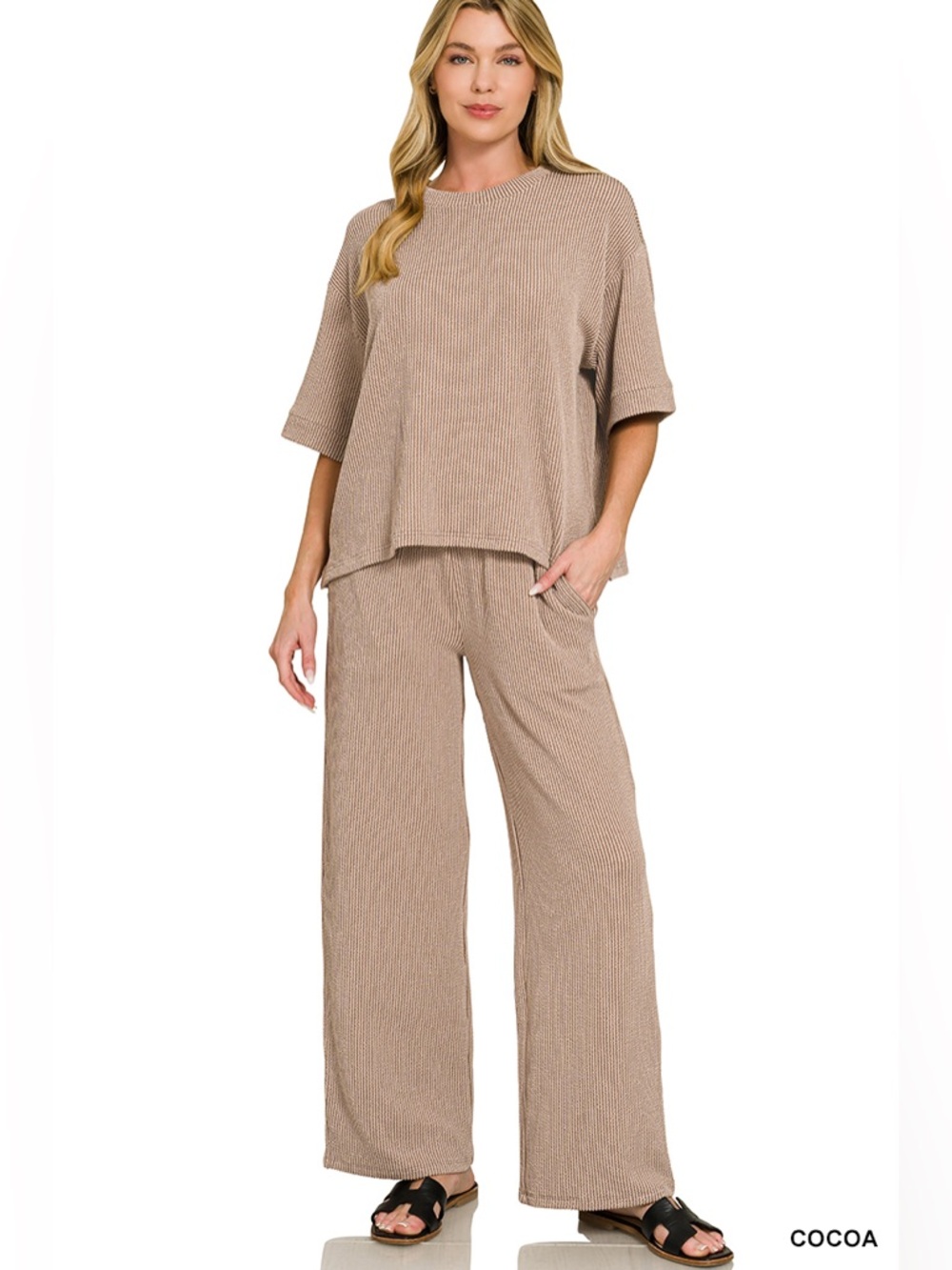 Zenana Women's Cocoa Ribbed Lounge Set - Picture 3 of 4